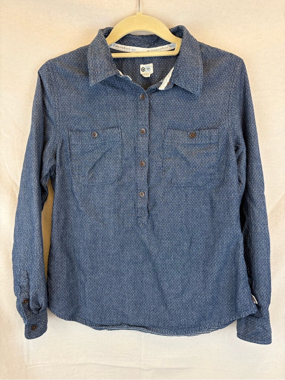 Toms For Target Blue 1/2 Button-Down Long Sleeve COTTON Nautical Chambray Dots M